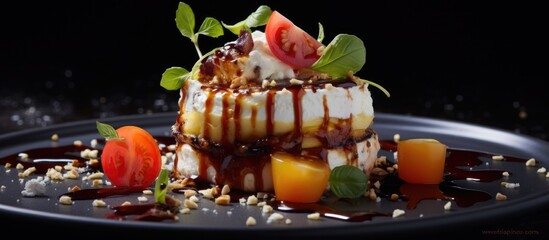 Poster - A close up still life photograph of a plantbased dessert on a sleek black plate with fresh tomatoes as a unique ingredient, showcasing the art of natural foods in cooking for a special event