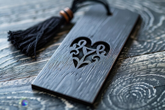 A bookmark with a heart-shaped cutout and a tassel