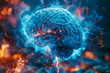 A vivid 3D illustration of a human brain surrounded by dynamic blue energy currents, symbolizing neural activity and cognitive processes