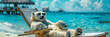 A polar bear is seen sitting in a chair on a sandy beach. The bear appears relaxed and comfortable in the unusual setting