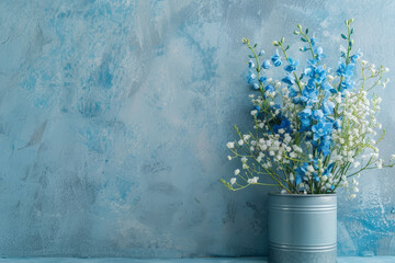 Wall Mural - A composition of blue delphiniums and white baby's breath, placed in a tin can on a blue wall.