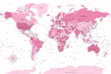 Sticker - World Map - Highly Detailed Vector Map of the World. Ideally for the Print Posters. Pink White Colors