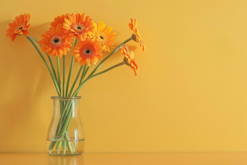 Wall Mural - A composition of orange gerberas and green stems, arranged in a clear vase on a yellow wall.