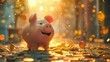 An animated scene where a piggy bank and coins dance in harmony, symbolizing the rhythm of regular saving