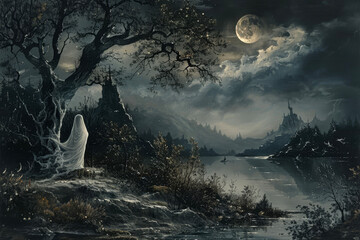 Sticker - A gothic painting with a dark landscape, a moon and a ghost