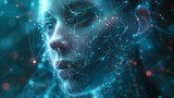 Fototapeta  - Un'interfaccia di rete neurale futuristica ,  linee elettriche, luci Ai incandescenti e volti umani traslucidi,mescolati alla rete, viso di donna con reti neurali attive, mix di umano e AI