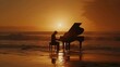 silhouette of a man playing piano on beach at sunset