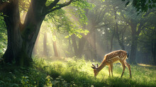 Serene Deer Grazing In A Sun Dappled Forest