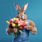 Easter sporty rabbit holding bouquet of tulips on blue background