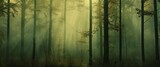 Fototapeta Sypialnia - Ethereal morning mist weaves through a forest, casting soft light among the delicate greens and earthy browns of the woodland.