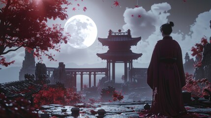 Wall Mural - Machine learning driven samurai in a fantasy anime set against the backdrop of the Roman Empire during a lunar eclipse jazz fusion soundtrack 3D render