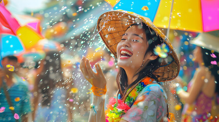 Thai people and foreign travelers walking and playing water fight and splash in Songkran festival, Thai New Year's national holiday, Walking Street, Khaosan Road, Bangkok, Thailand