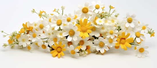 Poster - A bouquet of white and yellow daisies, delicate flowers with vibrant petals, displayed against a clean white background. A beautiful display of natures art