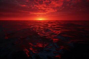 Fiery Red dawn sea. Dusk coast horizon. Generate Ai