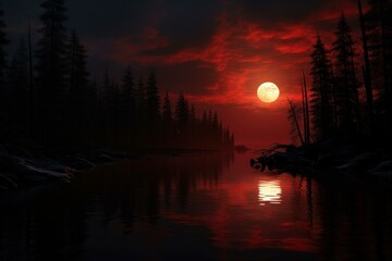 Wall Mural - Vibrant Red lake fantasy landscape. Cosmos view. Generate Ai