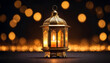 Ornamental arabic lantern with burning candle and golden bokeh lights. Festive greeting card, Muslim holy month Ramadan Kareem concept.