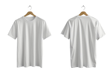 blank white t-shirts mock-up hanging on white wall, front and rear side view. isolated on transparen