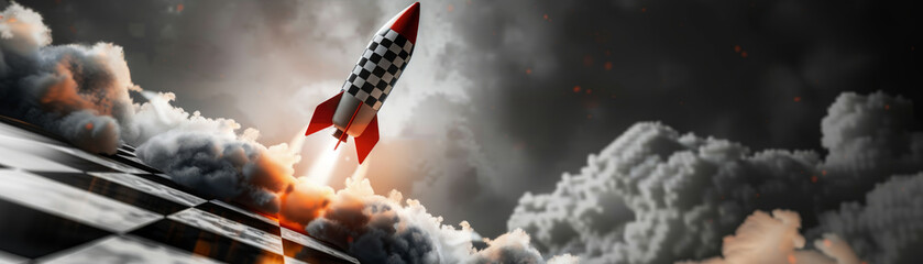 Wall Mural - illustrated image of a rocket lifting off, red tip, black and white checker pattern on the body of the rocket, smoke and exhaust into the dartboard.