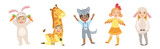 Fototapeta Las - Cute Kid Character Wearing Animal Costume Enjoy Party Vector Set