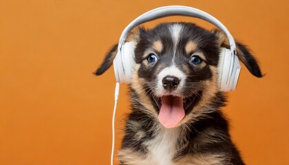 Wall Mural - happy puppy in headphones on a orange background