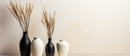 Poster - Three vases with dried flowers are displayed on a table, adding a touch of natural beauty to the rooms decor