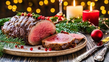 Canvas Print - roast beef fillet on the christmas table