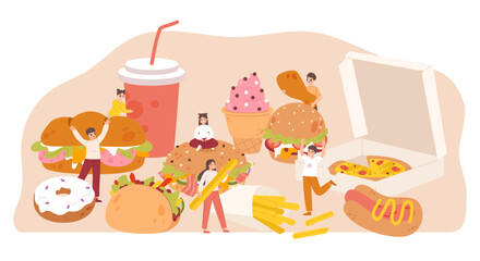 Poster - People and fast food. Teenagers with giant burger, pizza, french fries and ice cream. Young adults happy junk foods and drinks, snugly vector scene