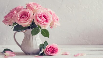 Wall Mural - pink roses in vase on white background