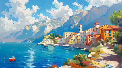 Sticker - Oil painting of a small town on the Mediterranean Sea, mountains in the background, beautiful summer weather.