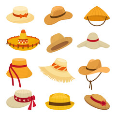 Wall Mural - Straw hat. Different hats for men and women. Vietnam farmers style, accessories for head for work in fields, rest on beach or touristic walk, neoteric vector set