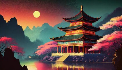 Wall Mural - china travel destination poster in retro style ancient temple traditional asian landmark print exotic summer vacation international tourism holidays concept vintage vector colorful illustration