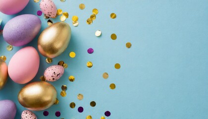 Poster - top view photo of easter decorations multicolored easter eggs gold pink and purple confetti on isolated pastel blue background with empty space