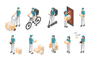 Sticker - Isometric courier characters. Men women in uniform with parcels and boxes. Delivery logistic service, couriers on bike and scooter, flawless vector set