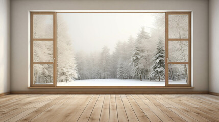 Wall Mural - Empty living room with wood floor and big window with winter landscape view