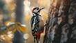 A woodpecker is perched on a tree trunk, pecking away at the bark with its beak