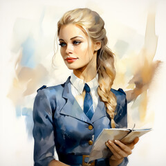 Wall Mural - Beautiful stewardess in a blue uniform on an abstract background. Watercolor illustration.