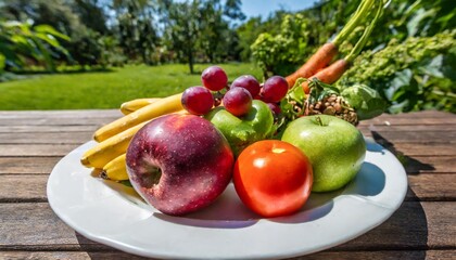 Canvas Print - in the isolated background of nature s vibrant summer a white plate adorned with an array of colorful fruits and healthy vegetables creates a picturesque scene in the garden where the pink h