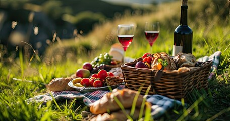 Wall Mural - Picnic basket on grass with food and drink on blanket. Picnic lunch outdoor in a field on sunny day with bread,