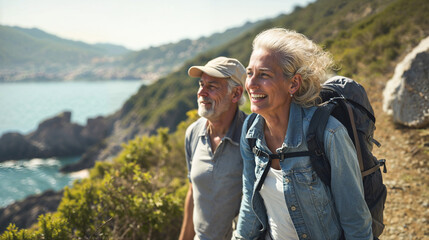 Senior retired couple hiking together at the national park for outdoor exercise and relax. Active lifestyle activity and workout concept.