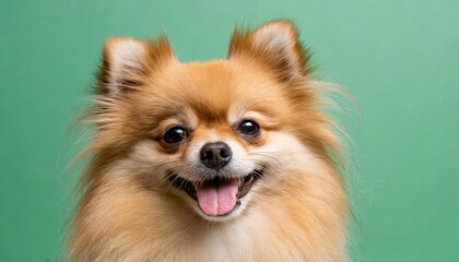 Wall Mural - happy pomeranian dog smiling and closing an eye isolated on green pastel background