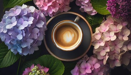 Poster - delicious fresh morning espresso coffee with a beautiful thick crema among blossoming pink and purple hydrangea flowers at the florist shop top view