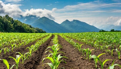 Poster - rows of young corn plants growing on the field