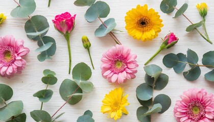 Poster - flowers and eucalyptus composition pattern made of various colorful flowers on white background flat lay stiil life