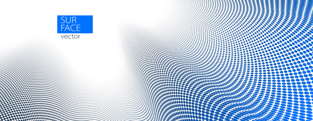 Blue and grey dots in 3D perspective vector abstract background, dotted pattern cool design, wave stream of science technology or business blank template for ads.
