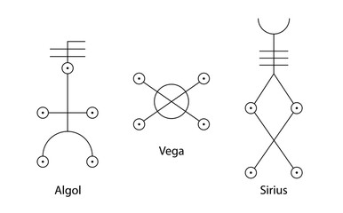 Astrology Stars, SIRIUS or Canis Major, VEGA or Vultur Cadens, ALGOL or Demon Star. Set Hieroglyphic sign, hermetic kabbalistic magic symbols. Line art Vector isolated on white background