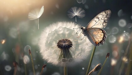 Poster - white dandelion and butterfly closeup with seeds blowing away in the wind