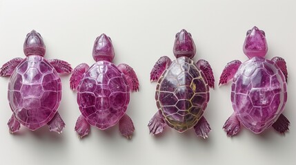 Poster - a group of three sea turtles sitting next to each other on top of a white surface in front of a white background.