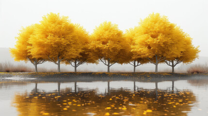 Wall Mural - a row of yellow trees next to a body of water with a reflection of the trees on the water's surface.