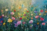 Fototapeta Kwiaty - Bright summer flowers against a lush green meadow