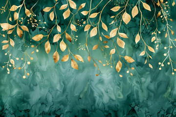 Wall Mural - Luxury watercolor background with golden branches and leaves in line art style. Botanical abstract green wallpaper for banner design, textile, print, decor